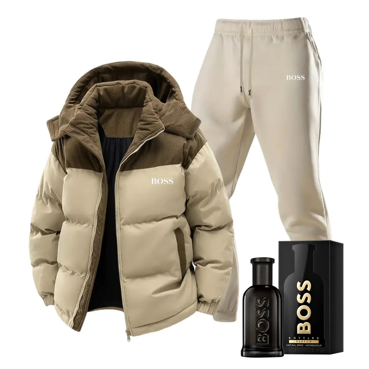 Set aus Winterjacke und -hose + Luxusparfum