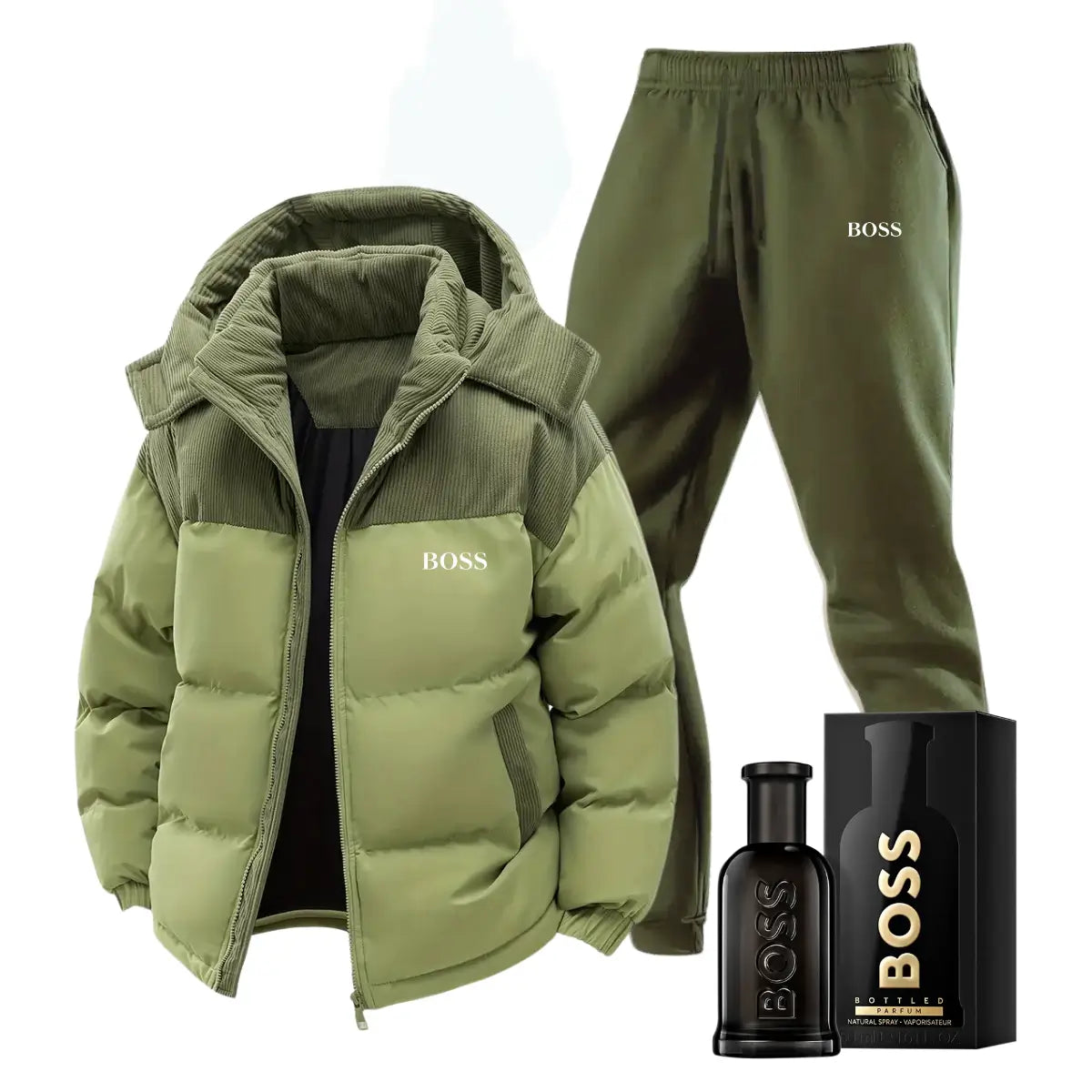 Set aus Winterjacke und -hose + Luxusparfum